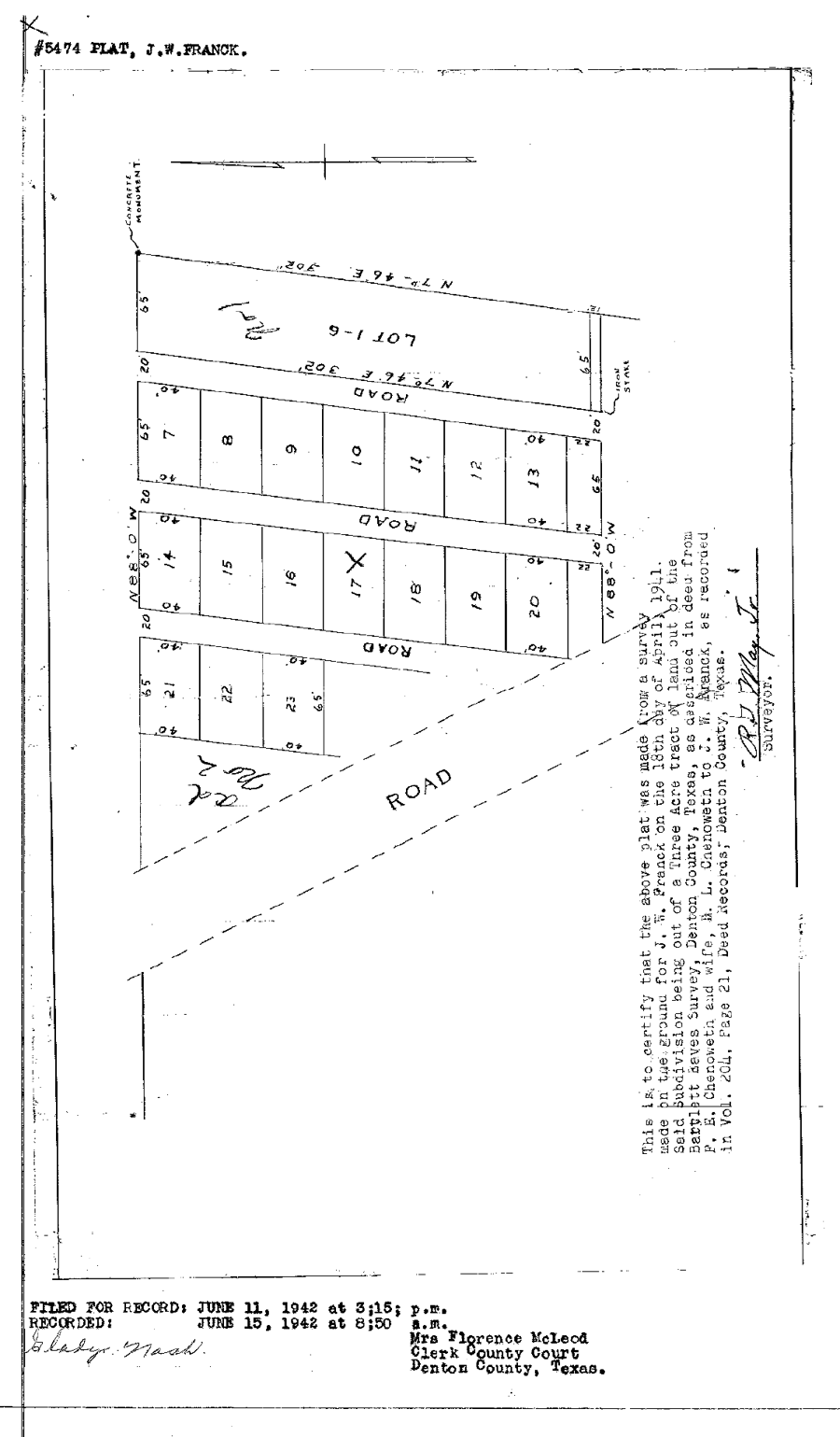 1942 survey plat of J.W. Franck's camp showing lots 1 through 23 between three 20-foot roads