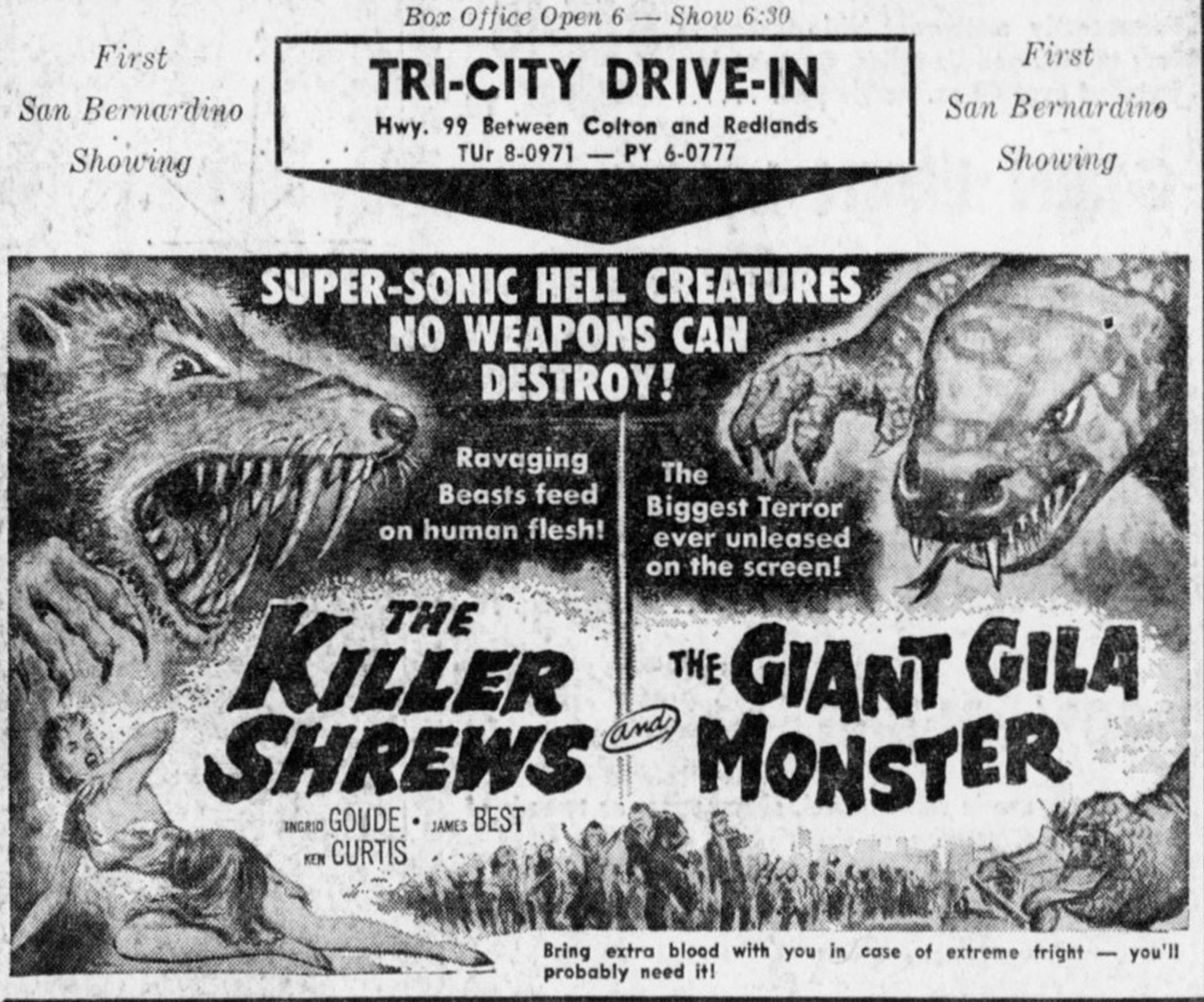 1959 drive-in ad for the double feature The Killer Shrews and The Giant Gila Monster