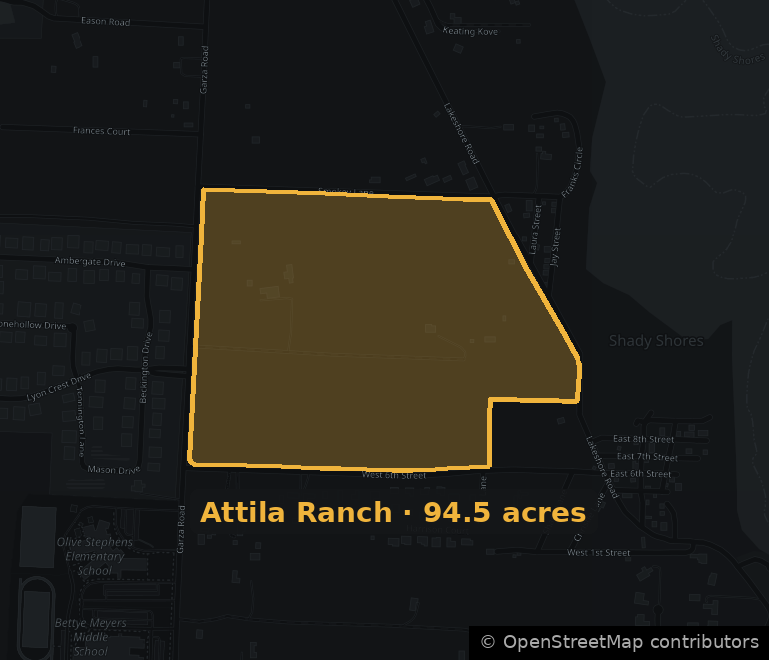 Map outlining the 94.5-acre Attila Ranch parcel between Garza Road and Lakeshore Road