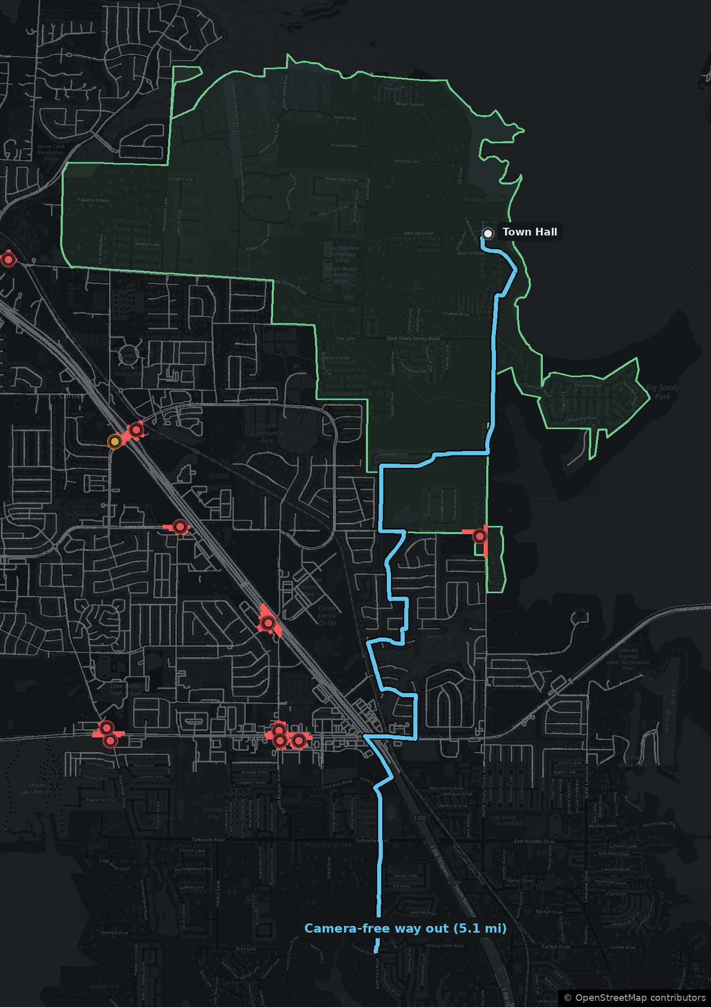 Map of license-plate cameras around Shady Shores