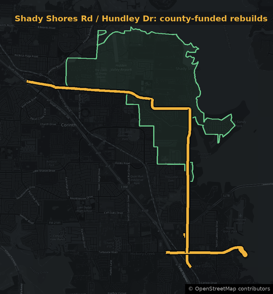 Map of Shady Shores Road and Hundley Drive highlighted through Shady Shores, Corinth and Lake Dallas